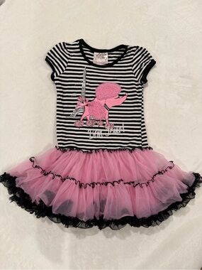 Beautees Black and White Striped Tee with Pink Butterfly Label